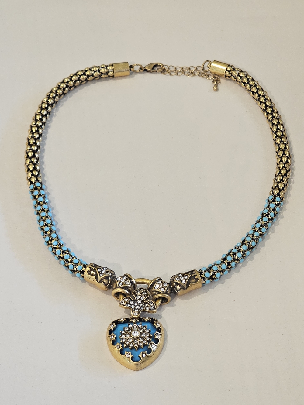 Gold-Tone Necklace with Turquoise Accents and Heart Pendant